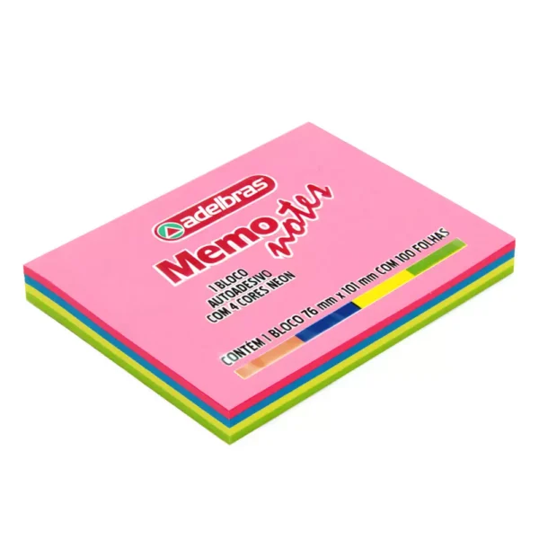 Bloco Adesivo Post-it c/ 4 Cores Neon 76x101mm - Adelbras